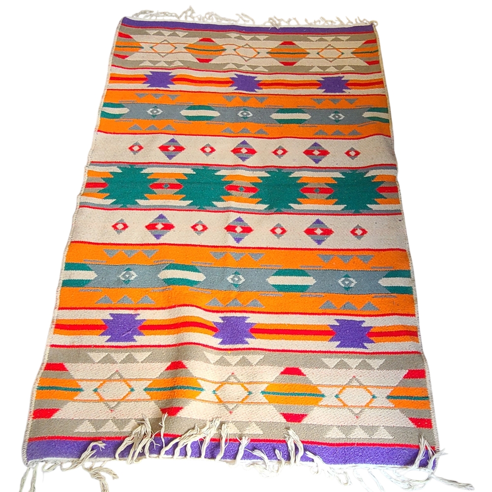 Vintage Woven Wool Geometric Area Rug Reversible Southwestern Cabincore - Picture 2 of 4